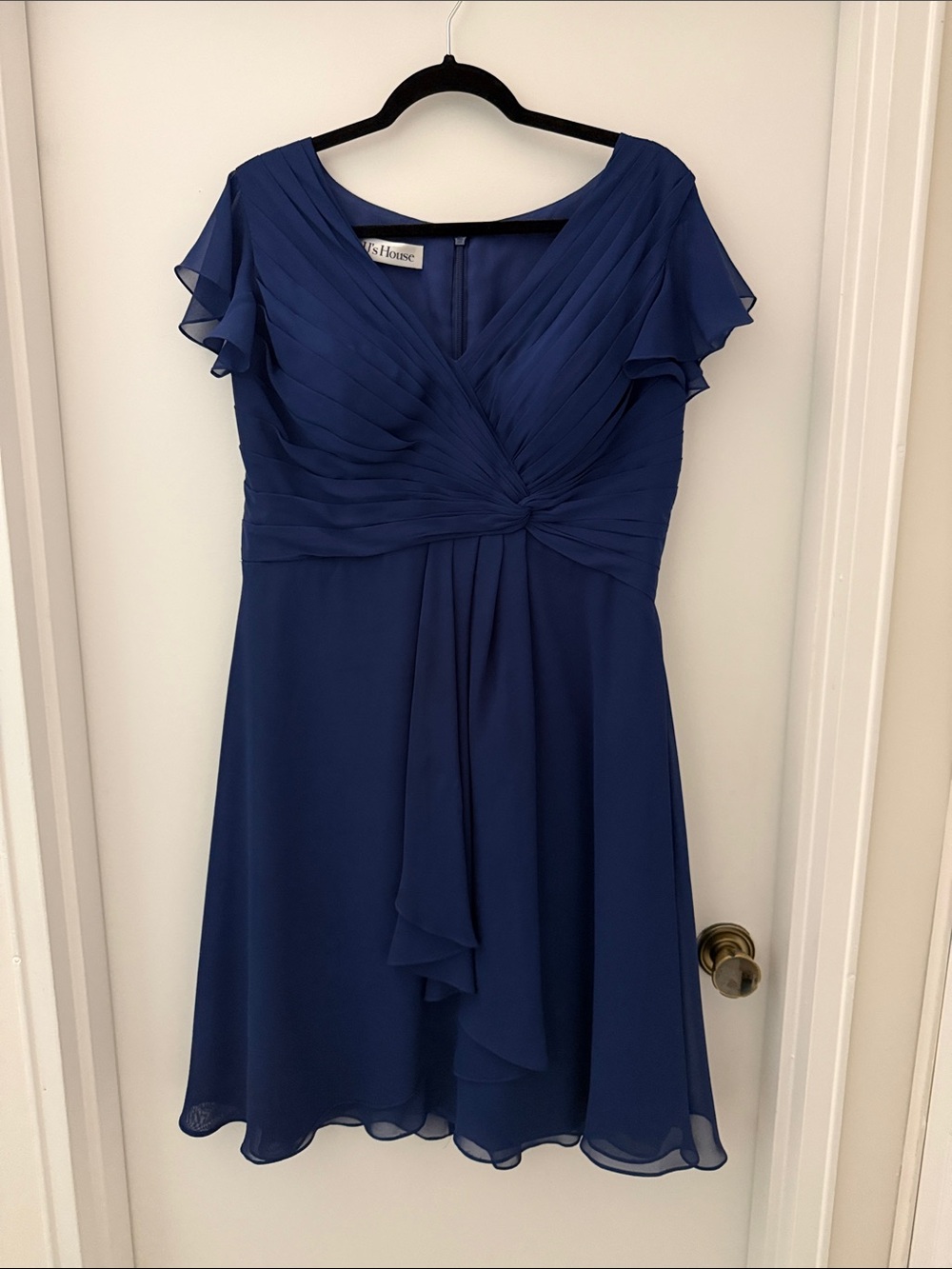 Navy Chiffon V-Neck Knee-Length Dress